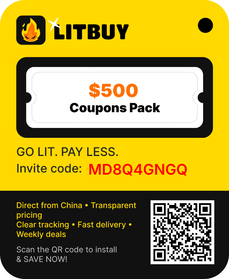 Litbuy promotional coupon-pack graphic with referral code MD8Q4GNGQ. Offer eligibility and value depend on Litbuy terms.